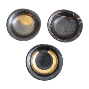 Vintage Studio Pottery Decorative Bowls Set Of 3 Black & Gold Japanese Art
